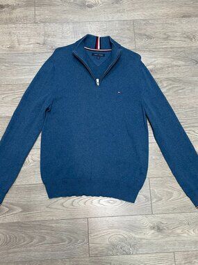 Tommy Hilfiger Mens Medium Blue 1/4 Zip Knit Cotton Sweater Pullover Mock Neck